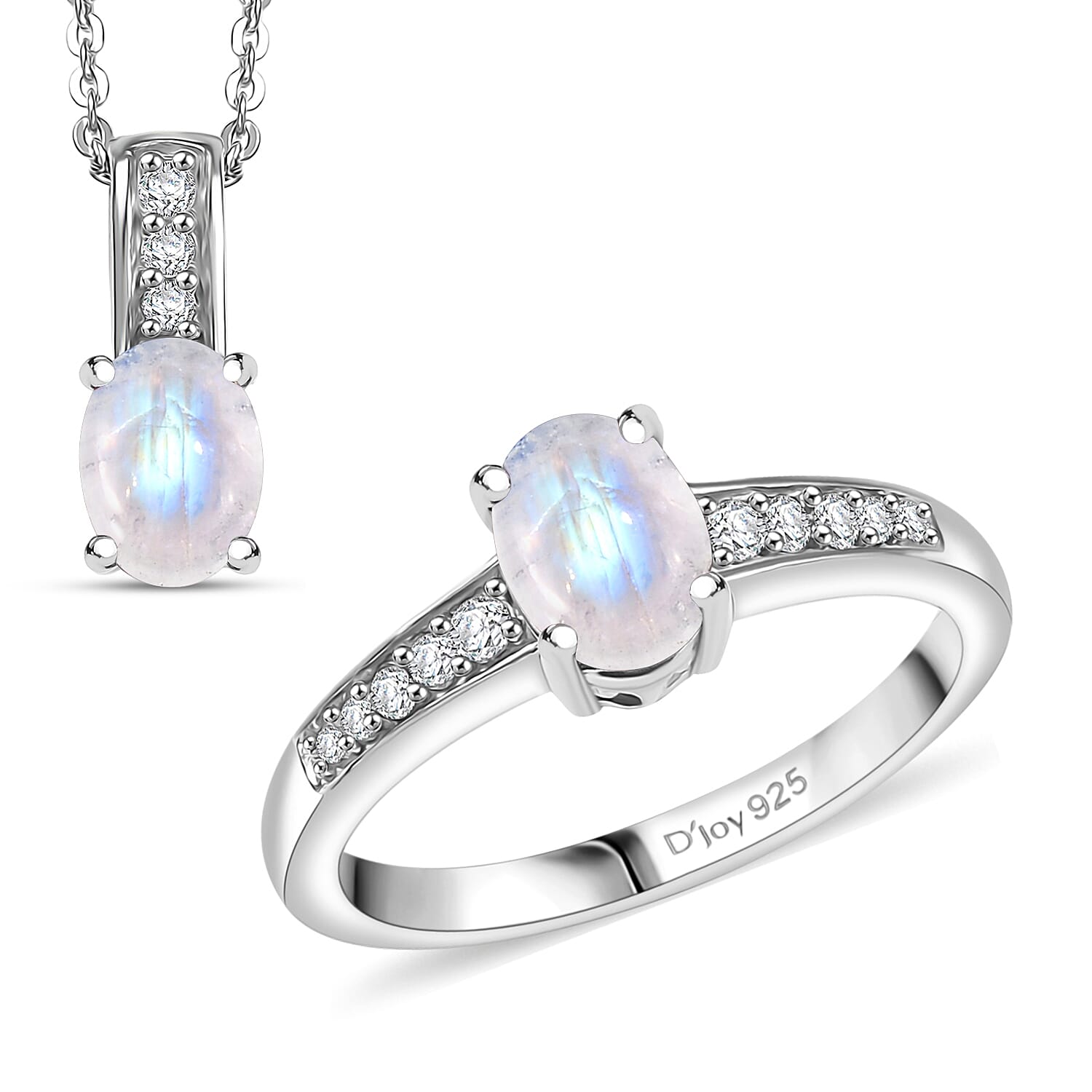 D'Joy Rainbow Moonstone and White Zircon 2.60 ctw Ring (Size 5.0), and Pendant Necklace 20 Inches in Rhodium Over Sterling Silver