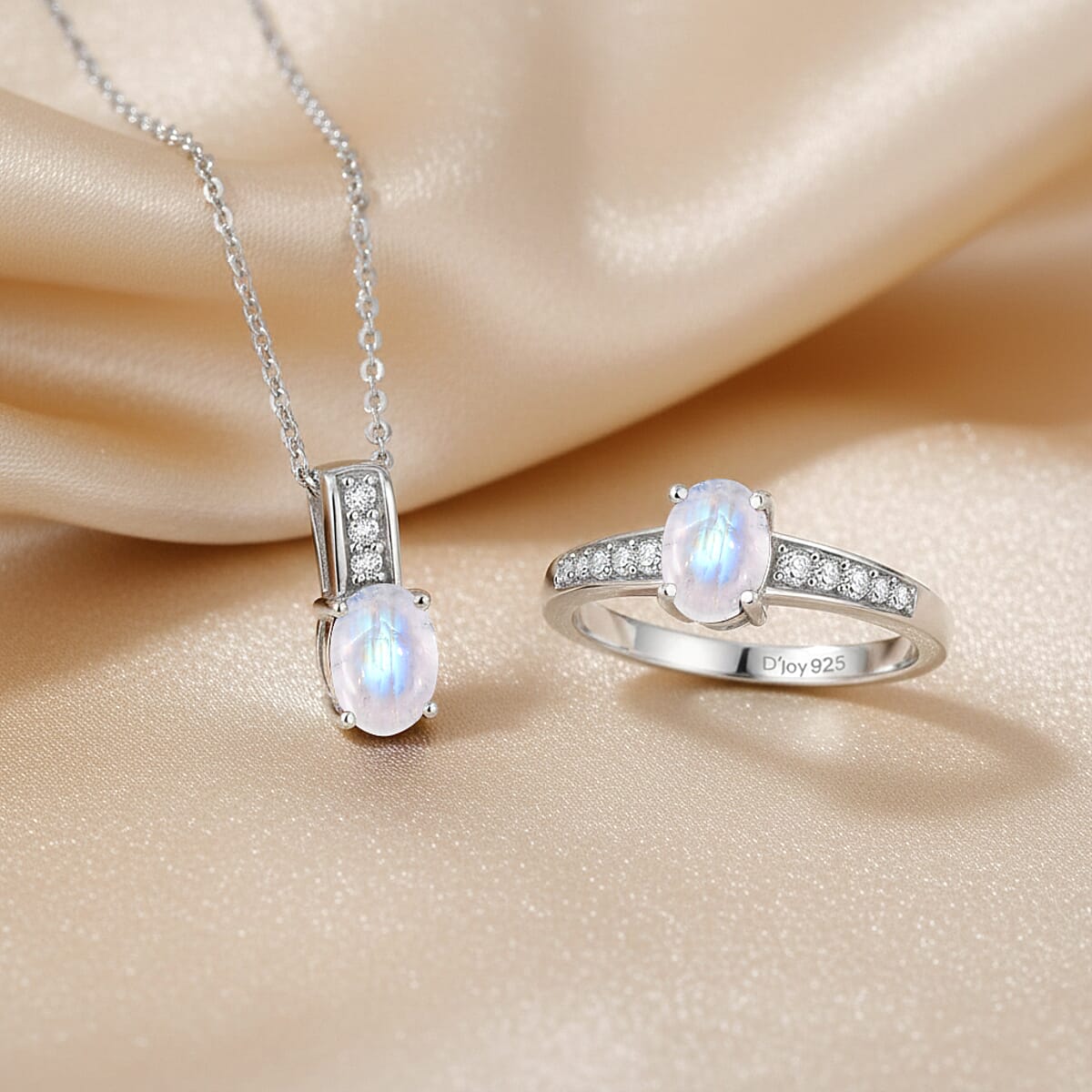 D'Joy Rainbow Moonstone and White Zircon 2.60 ctw Ring (Size 5.0), and Pendant Necklace 20 Inches in Rhodium Over Sterling Silver image number 1