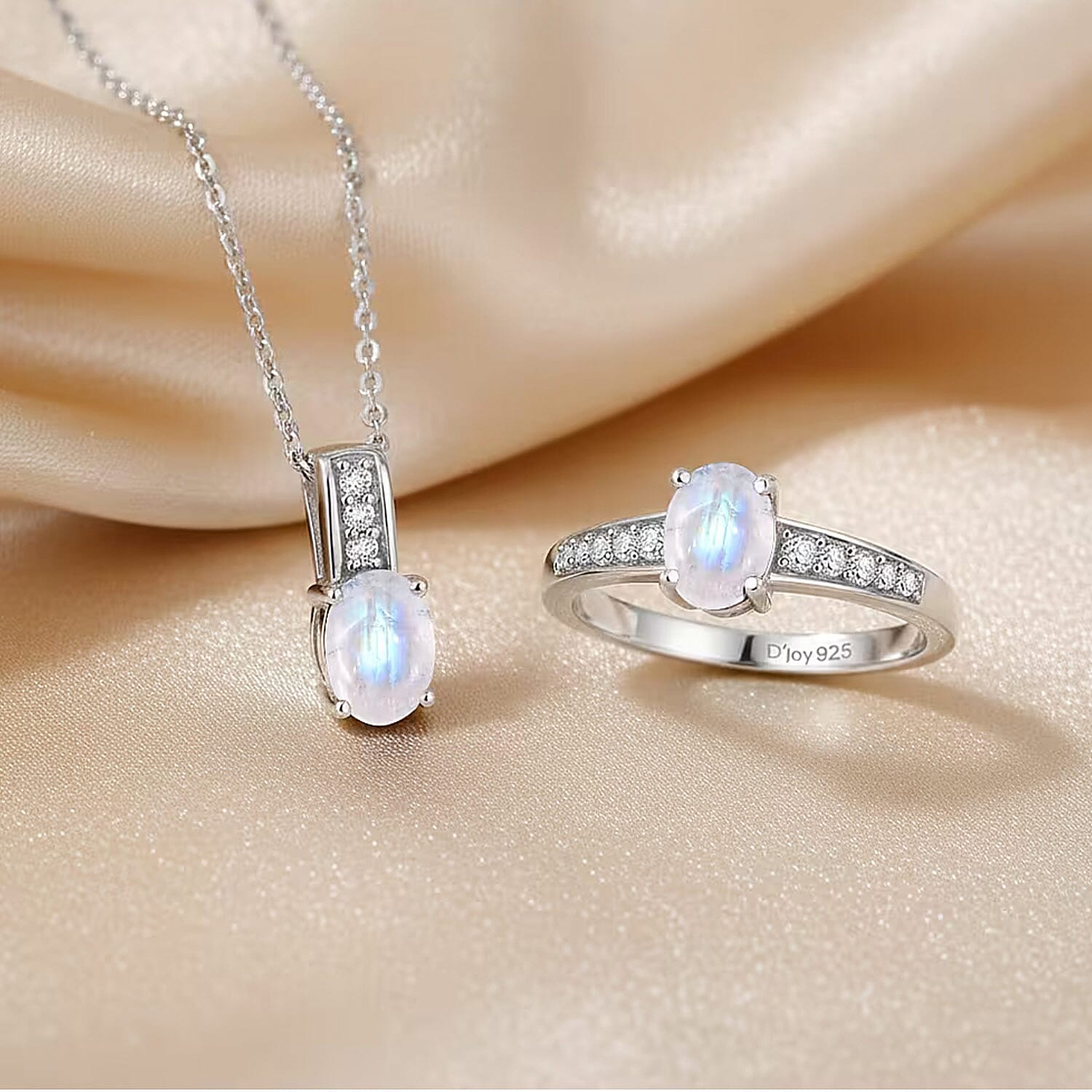 D'Joy Rainbow Moonstone and White Zircon 2.60 ctw Ring (Size 5.0), and Pendant Necklace 20 Inches in Rhodium Over Sterling Silver