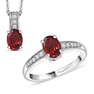 D'Joy Mozambique Garnet and White Zircon 2.50 ctw Ring (Size 9.0), and Pendant Necklace 20 Inches in Rhodium Over Sterling Silver