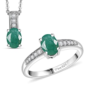 D'Joy Socoto Emerald and White Zircon 2.00 ctw Ring (Size 7.0), and Pendant Necklace 20 Inches in Rhodium Over Sterling Silver