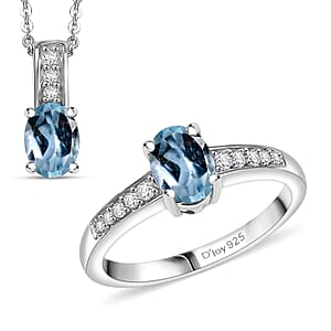 D'Joy Sky Blue Topaz and White Zircon 2.40 ctw Ring (Size 7.0), and Pendant Necklace 20 Inches in Rhodium Over Sterling Silver