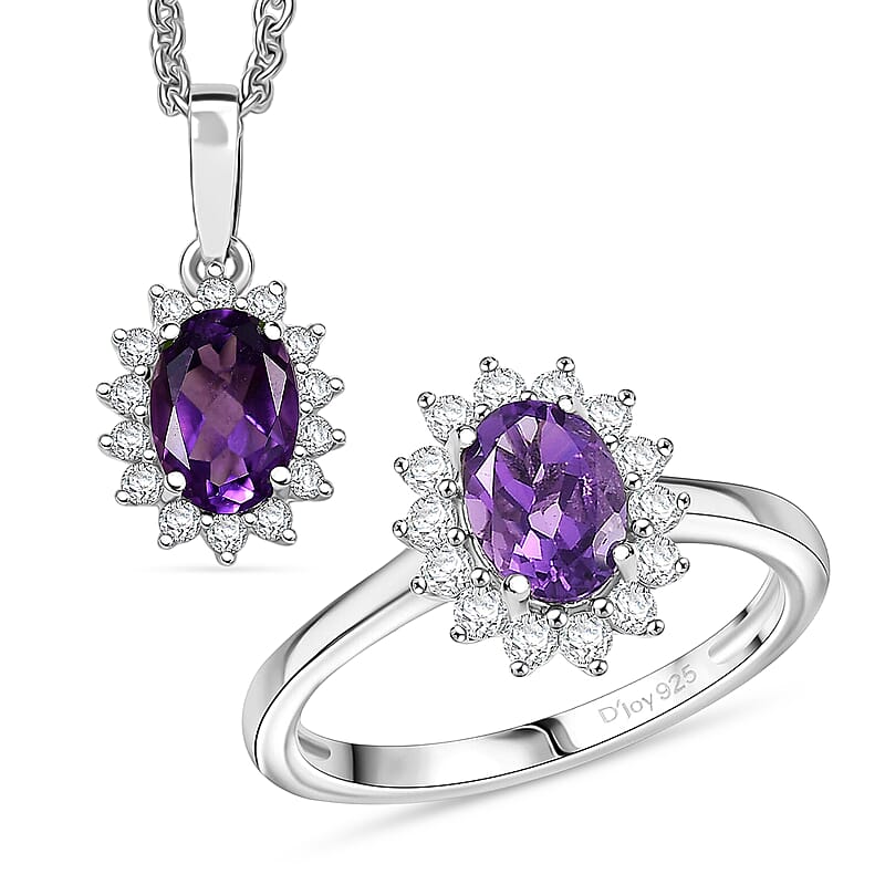D'Joy African Amethyst and White Zircon 2.25 ctw Ring (Size 5.0) and Pendant Necklace 20 Inches in Rhodium Over Sterling Silver