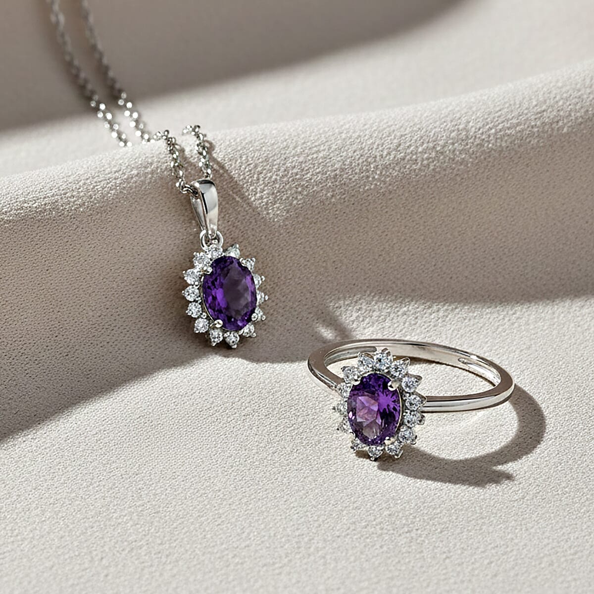 D'Joy African Amethyst, White Zircon Ring (Size 5.0) and Pendant Necklace (20 Inches) in Rhodium Over Sterling Silver 2.25 ctw image number 1