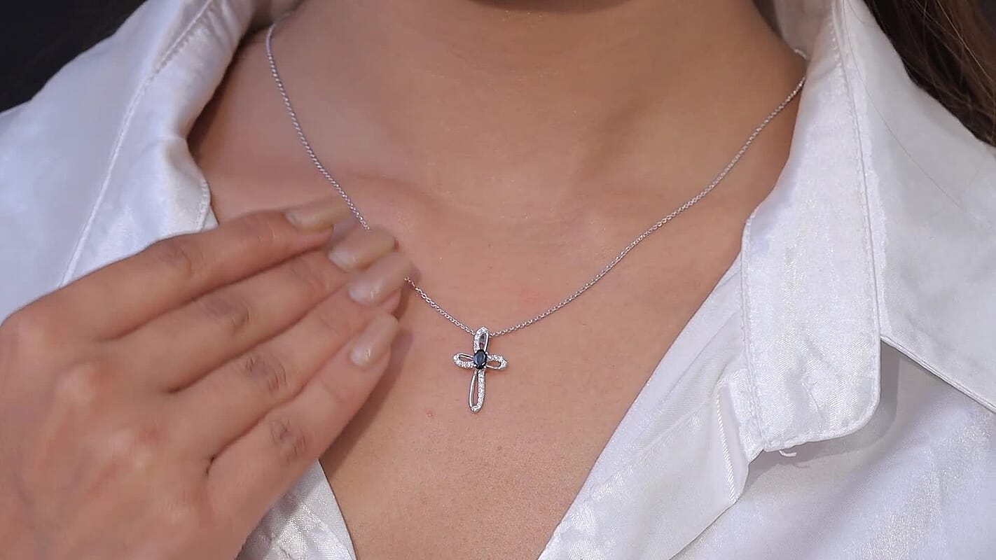 D'Joy Premium Monte Belo Indicolite and Moissanite 0.40 ctw Royal Azure Cross Pendant Necklace in Rhodium Over Sterling Silver 20 Inches
