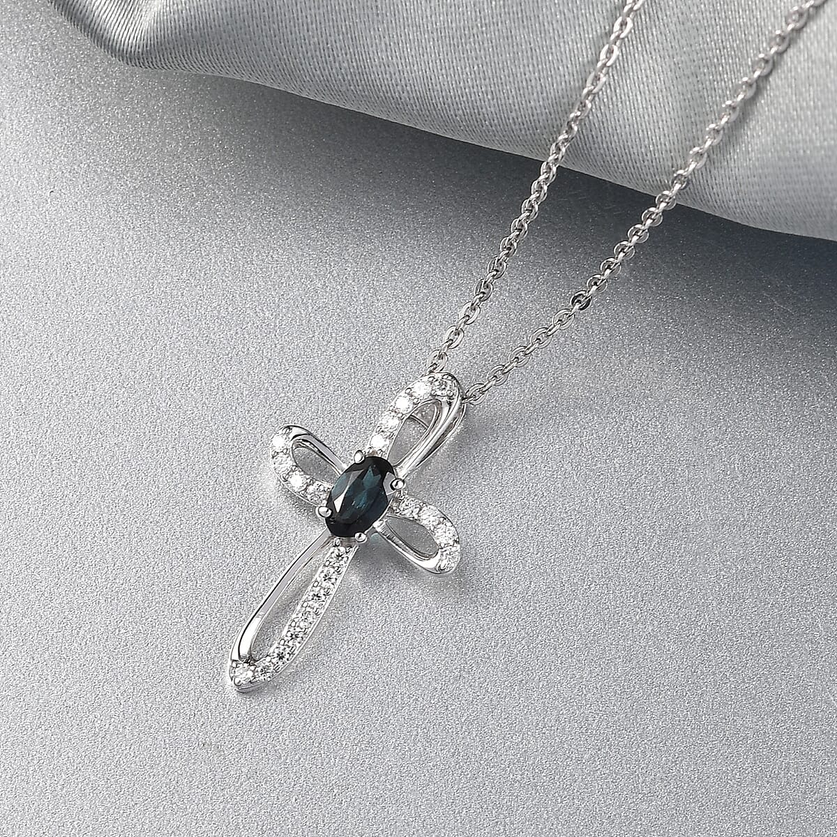 D'Joy Premium Monte Belo Indicolite and Moissanite 0.40 ctw Pendant Necklace in Rhodium Over Sterling Silver 20 Inches image number 1