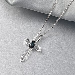 D'Joy Premium Monte Belo Indicolite and Moissanite 0.40 ctw Royal Azure Cross Pendant Necklace in Rhodium Over Sterling Silver 20 Inches