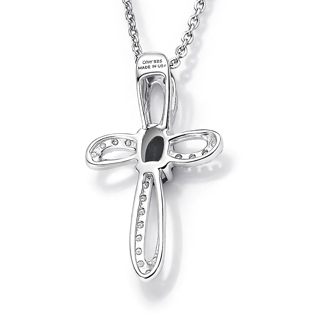 D'Joy Premium Monte Belo Indicolite and Moissanite 0.40 ctw Royal Azure Cross Pendant Necklace in Rhodium Over Sterling Silver 20 Inches
