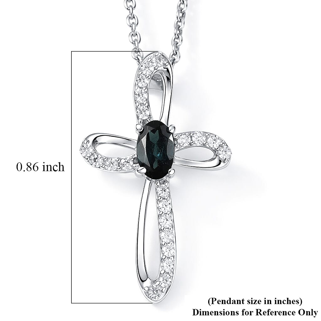D'Joy Premium Monte Belo Indicolite and Moissanite 0.40 ctw Royal Azure Cross Pendant Necklace in Rhodium Over Sterling Silver 20 Inches