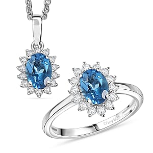 D'Joy Blue Topaz and White Zircon 2.70 ctw Ring (Size 6.0) and Pendant Necklace 20 Inches in Rhodium Over Sterling Silver