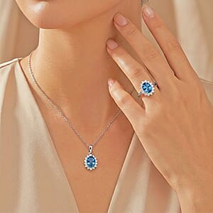 D'Joy Blue Topaz and White Zircon 2.70 ctw Ring (Size 6.0) and Pendant Necklace 20 Inches in Rhodium Over Sterling Silver
