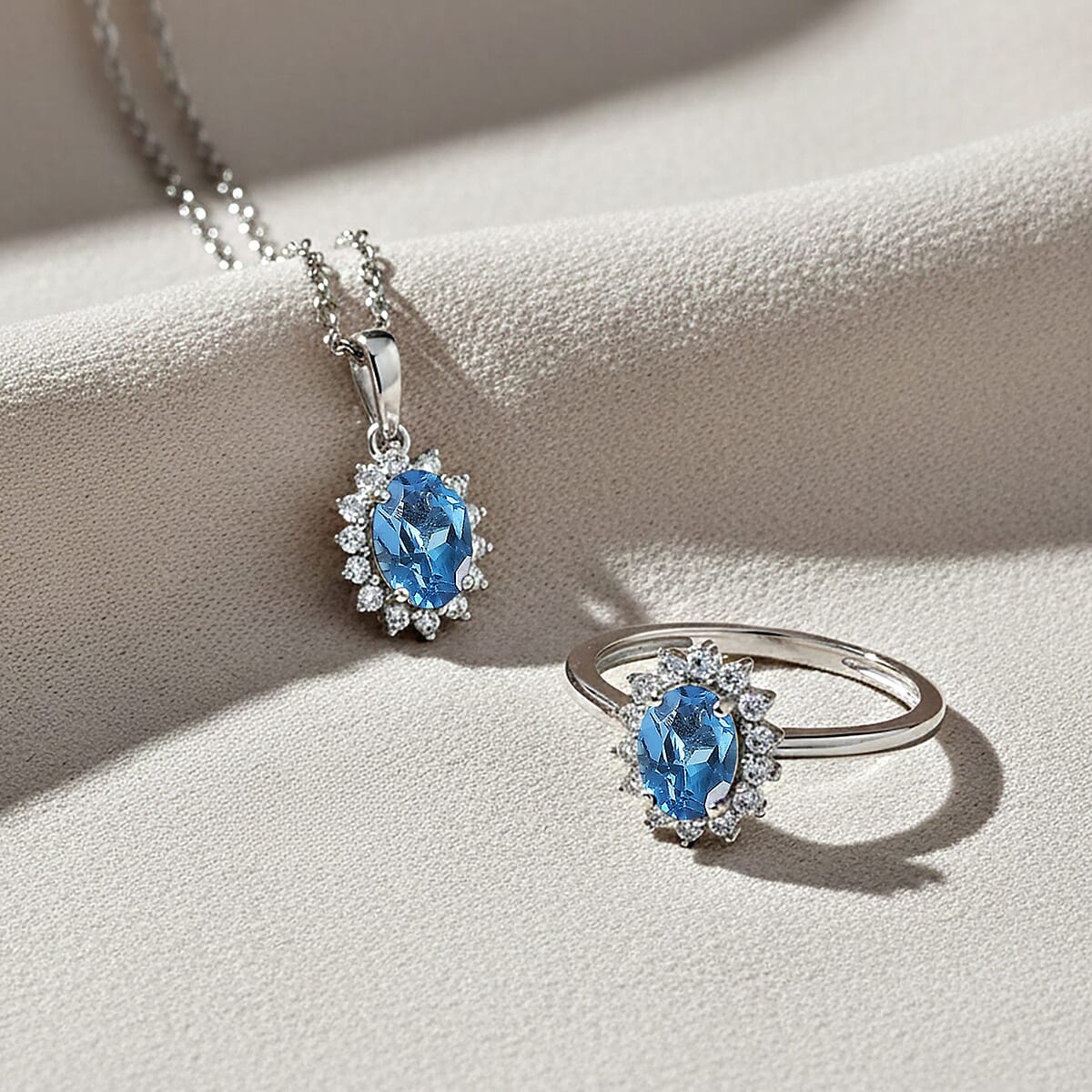 D'Joy Blue Topaz and White Zircon 2.70 ctw Ring (Size 7.0) and Pendant Necklace 20 Inches in Rhodium Over Sterling Silver image number 1