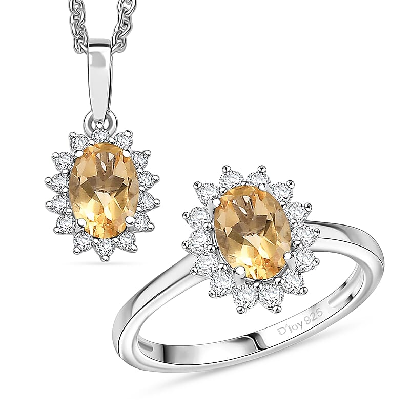 D'Joy Brazilian Citrine and White Zircon 2.30 ctw Ring (Size 5.0) and Pendant Necklace 20 Inches in Rhodium Over Sterling Silver