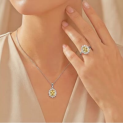 D'Joy Brazilian Citrine and White Zircon 2.30 ctw Ring (Size 5.0) and Pendant Necklace 20 Inches in Rhodium Over Sterling Silver