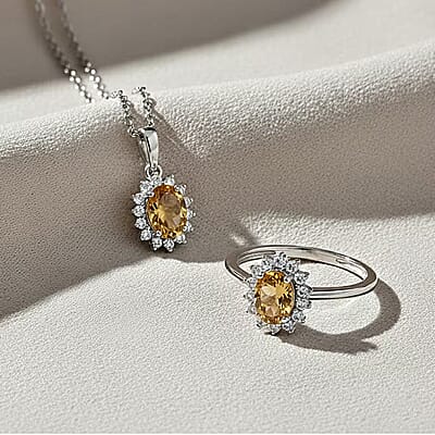 D'Joy Brazilian Citrine and White Zircon 2.30 ctw Ring (Size 5.0) and Pendant Necklace 20 Inches in Rhodium Over Sterling Silver
