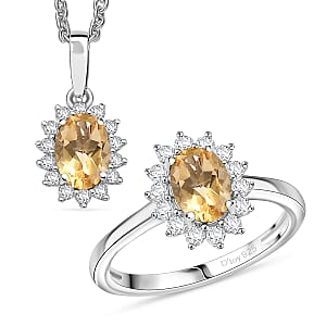 D'Joy Brazilian Citrine and White Zircon 2.30 ctw Ring (Size 6.0) and Pendant Necklace 20 Inches in Rhodium Over Sterling Silver
