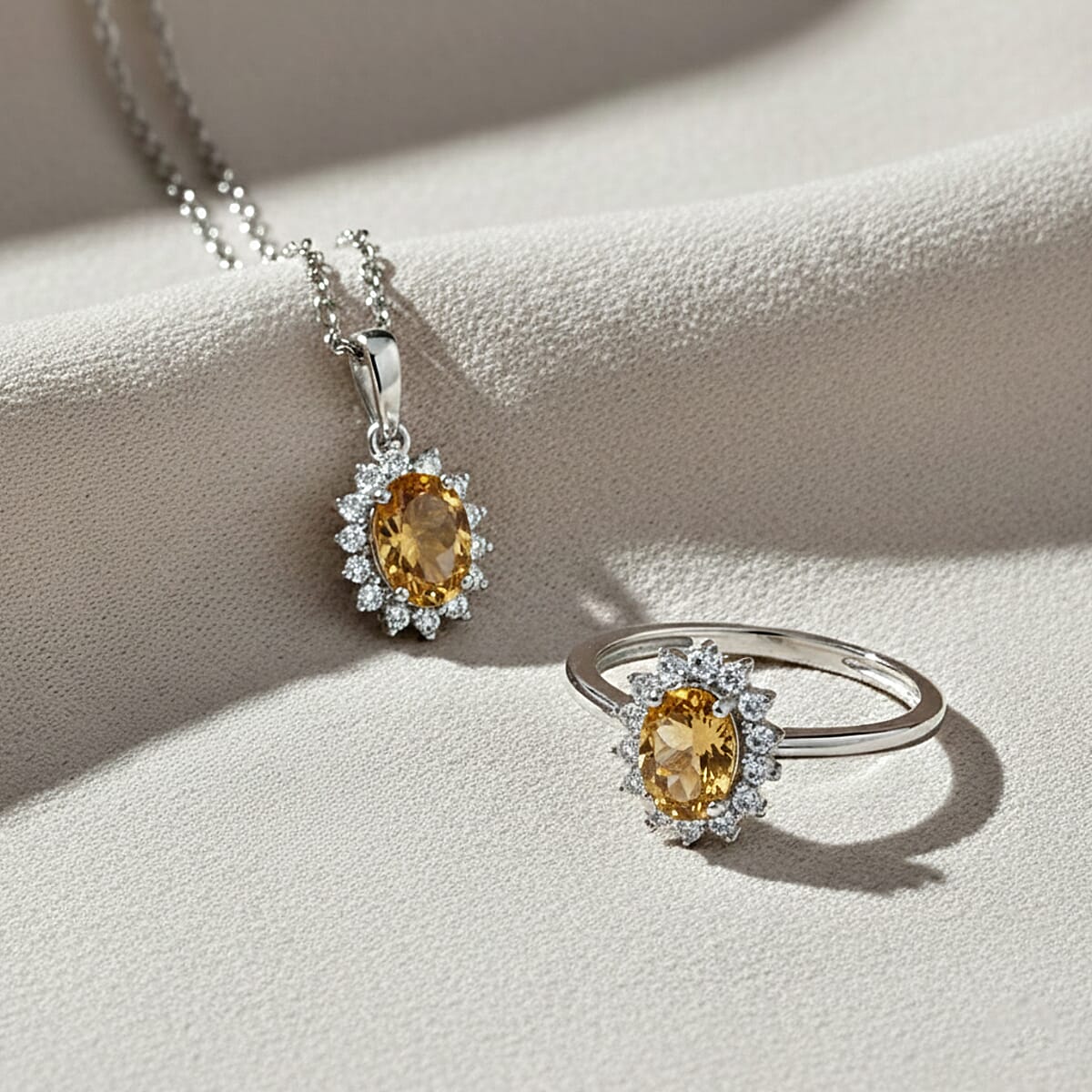 D'Joy Brazilian Citrine and White Zircon 2.30 ctw Ring (Size 8.0) and Pendant Necklace 20 Inches in Rhodium Over Sterling Silver image number 1