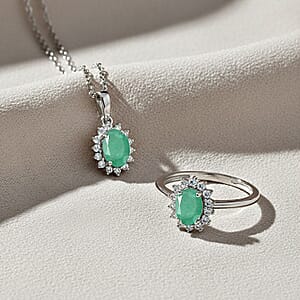 D'Joy Emerald and White Zircon 2.40 ctw Ring (Size 5.0) and Pendant Necklace 20 Inches in Rhodium Over Sterling Silver