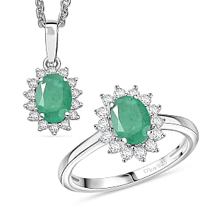 D'Joy Emerald and White Zircon 2.40 ctw Ring (Size 8.0) and Pendant Necklace 20 Inches in Rhodium Over Sterling Silver