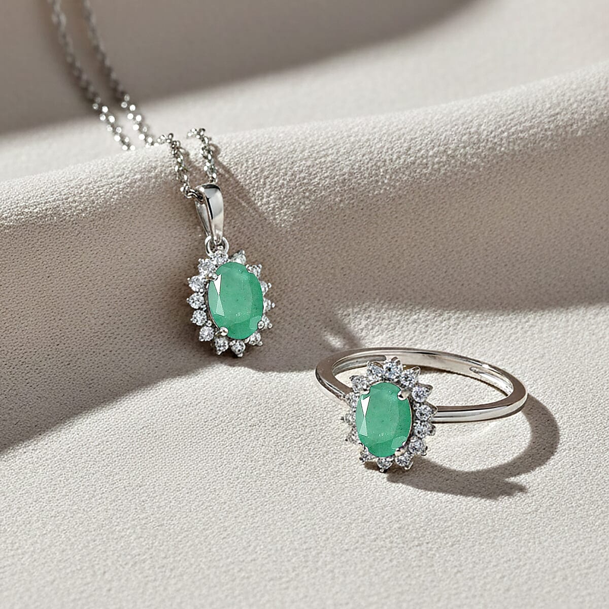 D'Joy Emerald and White Zircon 2.40 ctw Ring (Size 8.0) and Pendant Necklace 20 Inches in Rhodium Over Sterling Silver image number 1