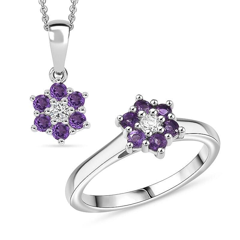 D'Joy African Amethyst and White Zircon 0.70 ctw Ring (Size 6.0) and Pendant Necklace 20 Inches in Rhodium Over Sterling Silver