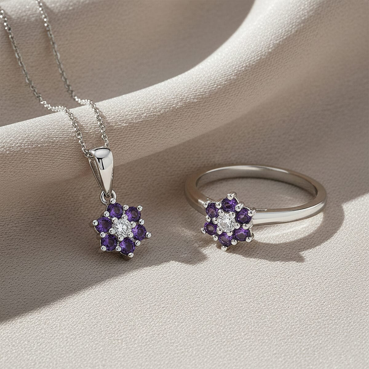 D'Joy African Amethyst, White Zircon Ring (Size 6.0) and Pendant Necklace (20 Inches) in Rhodium Over Sterling Silver 0.70 ctw image number 1