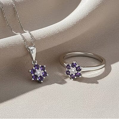 D'Joy African Amethyst and White Zircon 0.70 ctw Ring (Size 6.0) and Pendant Necklace 20 Inches in Rhodium Over Sterling Silver
