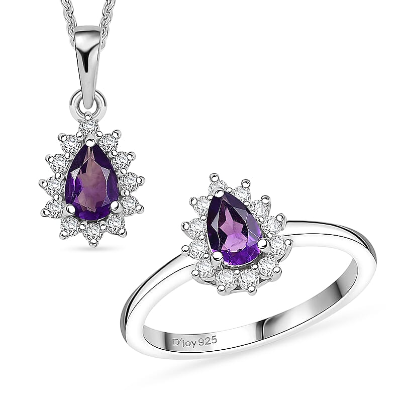 D'Joy African Amethyst 1.30 ctw Ring (Size 5.0) and Pendant Necklace 20 Inches in Rhodium Over Sterling Silver