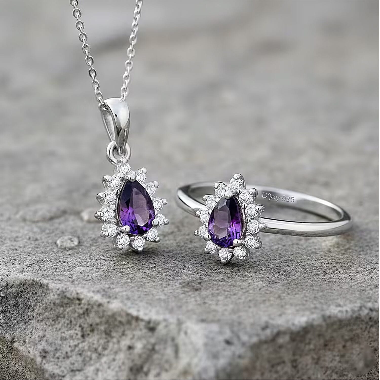 D'Joy African Amethyst 1.30 ctw Ring (Size 5.0) and Pendant Necklace 20 Inches in Rhodium Over Sterling Silver