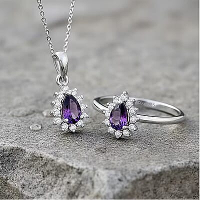 D'Joy African Amethyst 1.30 ctw Ring (Size 5.0) and Pendant Necklace 20 Inches in Rhodium Over Sterling Silver