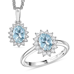 D'Joy Mangoro Aquamarine and White Zircon 2.30 ctw Ring (Size 6.0) and Pendant Necklace 20 Inches in Rhodium Over Sterling Silver