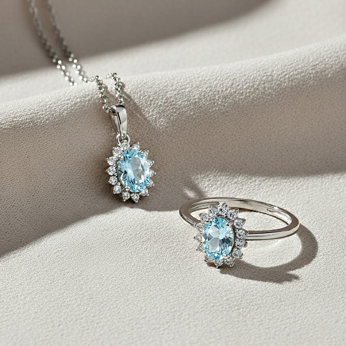 D'Joy Mangoro Aquamarine and White Zircon 2.30 ctw Ring (Size 7.0) and Pendant Necklace 20 Inches in Rhodium Over Sterling Silver image number 1