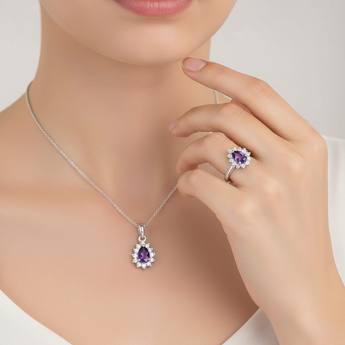 D'Joy African Amethyst Ring (Size 5.0) and Pendant Necklace (20 Inches) in Rhodium Over Sterling Silver 1.30 ctw image number 2