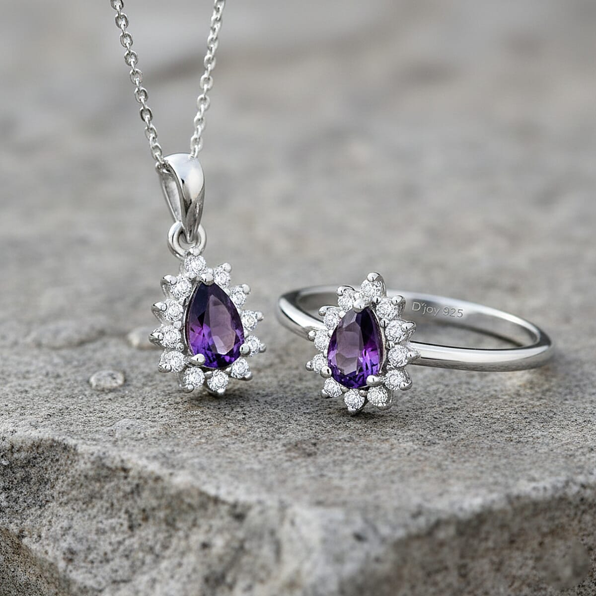 D'Joy African Amethyst Ring (Size 5.0) and Pendant Necklace (20 Inches) in Rhodium Over Sterling Silver 1.30 ctw image number 1