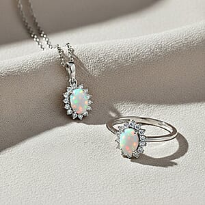 D'Joy Ethiopian Welo Opal and White Zircon 1.80 ctw Ring (Size 6.0) and Pendant Necklace 20 Inches in Rhodium Over Sterling Silver
