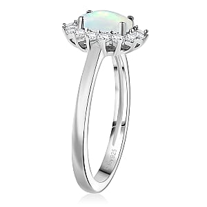 D'Joy Ethiopian Welo Opal and White Zircon 1.80 ctw Ring (Size 6.0) and Pendant Necklace 20 Inches in Rhodium Over Sterling Silver