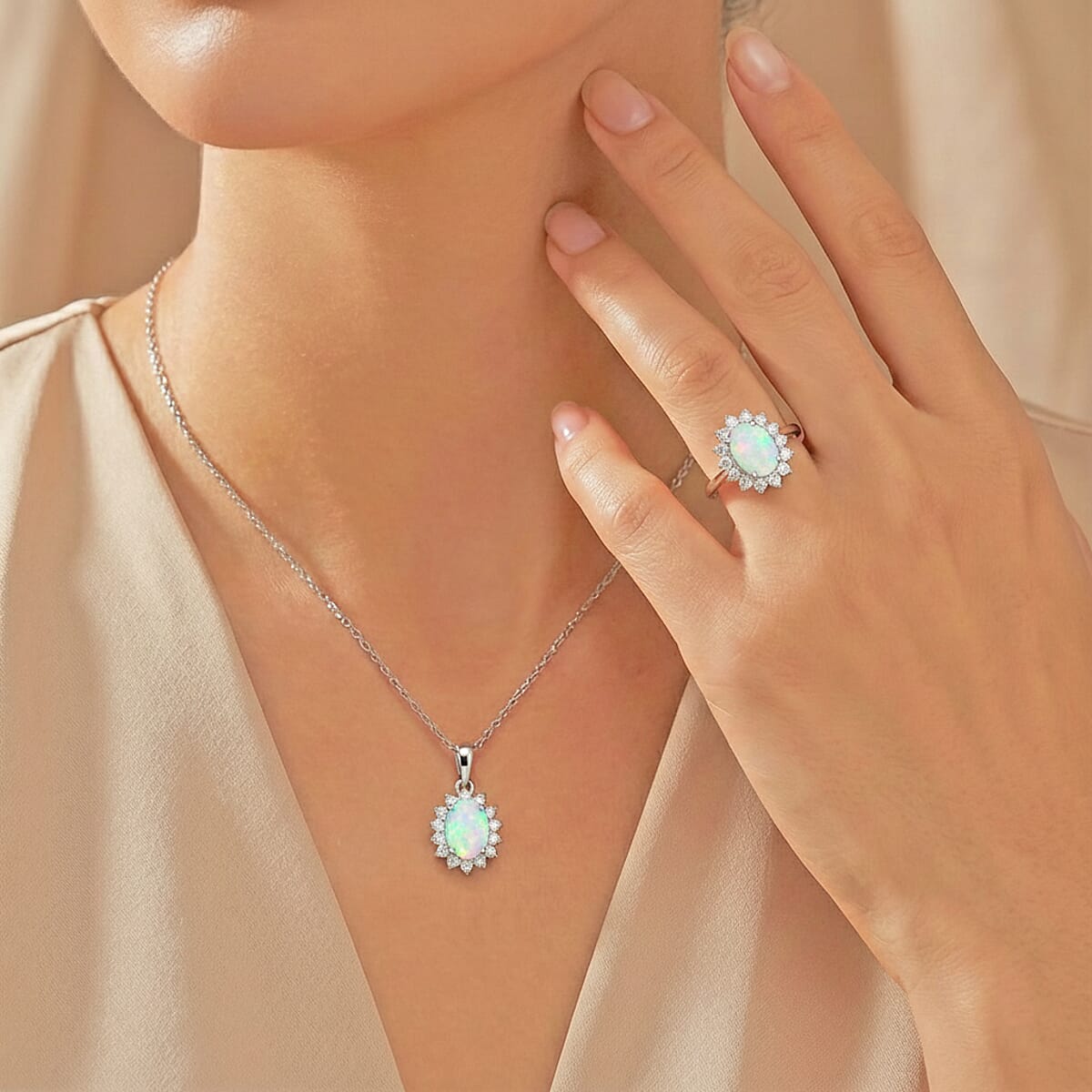 D'Joy Ethiopian Welo Opal and White Zircon 1.80 ctw Ring (Size 5.0) and Pendant Necklace 20 Inches in Rhodium Over Sterling Silver image number 2