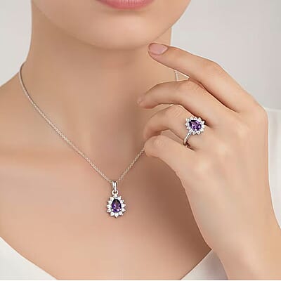 D'Joy African Amethyst 1.30 ctw Ring (Size 8.0) and Pendant Necklace 20 Inches in Rhodium Over Sterling Silver