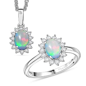 D'Joy Ethiopian Welo Opal and White Zircon 1.80 ctw Ring (Size 9.0) and Pendant Necklace 20 Inches in Rhodium Over Sterling Silver