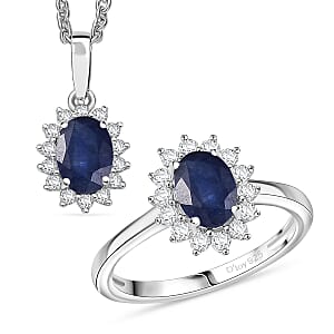 D'Joy Masoala&nbsp;Sapphire&nbsp;(D)&nbsp;and White Zircon 3.40 ctw Ring (Size 8.0) and Pendant Necklace 20 Inches in Rhodium Over Sterling Silver