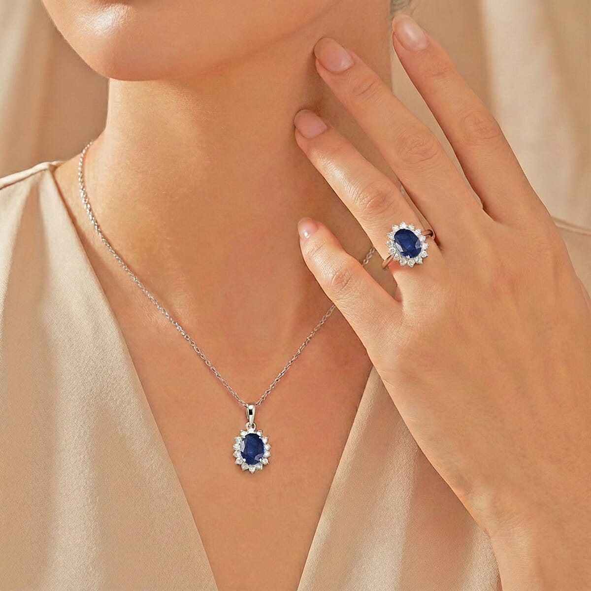 D'Joy Masoala&nbsp;Sapphire&nbsp;(D)&nbsp;and White Zircon 3.40 ctw Ring (Size 8.0) and Pendant Necklace 20 Inches in Rhodium Over Sterling Silver image number 2
