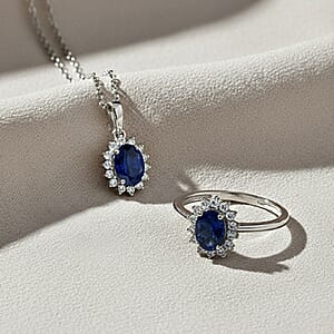 D'Joy Masoala&nbsp;Sapphire&nbsp;(D)&nbsp;and White Zircon 3.40 ctw Ring (Size 9.0) and Pendant Necklace 20 Inches in Rhodium Over Sterling Silver