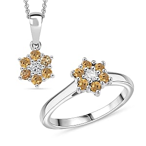 D'Joy Brazilian Citrine and White Zircon 0.80 ctw Ring (Size 6.0) and Pendant Necklace 20 Inches in Rhodium Over Sterling Silver