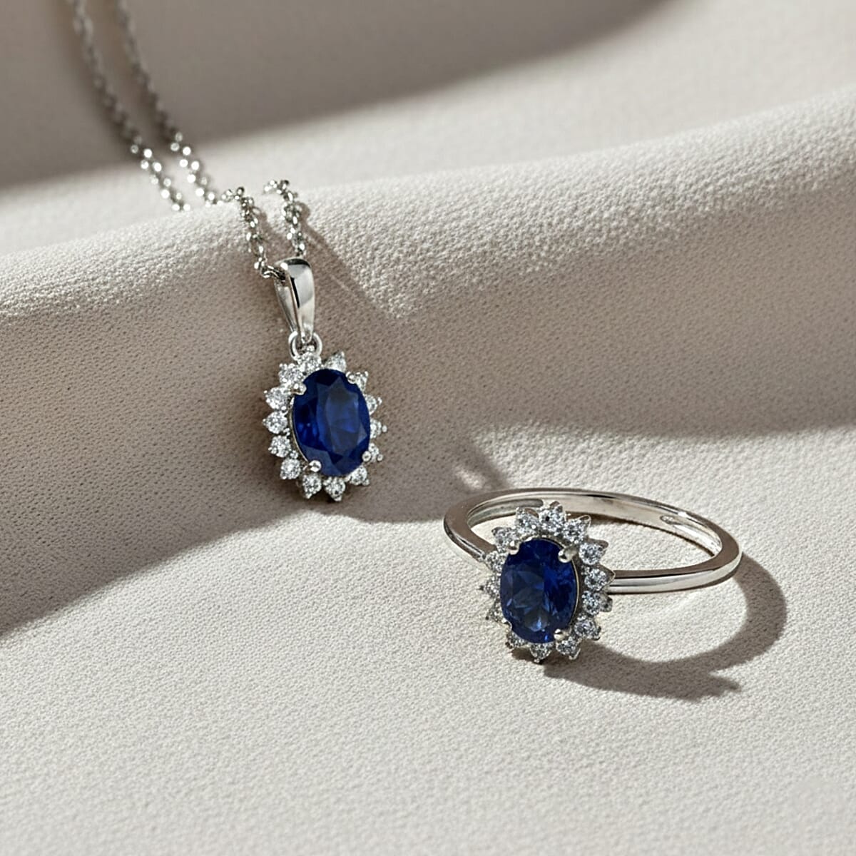 D'Joy Masoala&nbsp;Sapphire&nbsp;(D)&nbsp;and White Zircon 3.40 ctw Ring (Size 5.0) and Pendant Necklace 20 Inches in Rhodium Over Sterling Silver image number 1