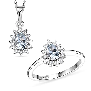 D'Joy Mangoro Aquamarine and White Zircon 1.20 ctw Ring (Size 6.0) and Pendant Necklace 20 Inches in Rhodium Over Sterling Silver
