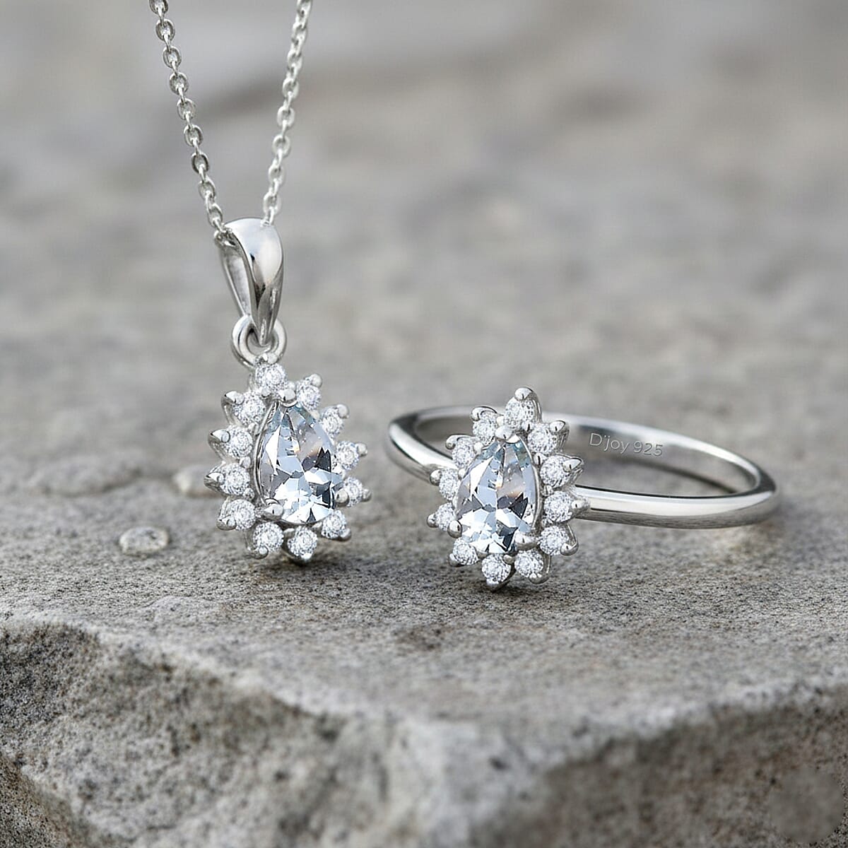 D'Joy Mangoro Aquamarine and White Zircon 1.20 ctw Ring (Size 7.0) and Pendant Necklace 20 Inches in Rhodium Over Sterling Silver image number 1