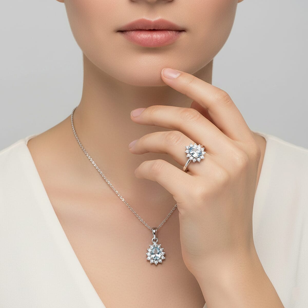 D'Joy Mangoro Aquamarine and White Zircon 1.20 ctw Ring (Size 8.0) and Pendant Necklace 20 Inches in Rhodium Over Sterling Silver image number 2