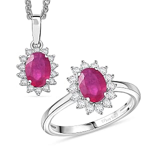 D'Joy Niassa Ruby (FF)&nbsp;and White Zircon 3.20 ctw Ring (Size 5.0) and Pendant Necklace 20 Inches in Rhodium Over Sterling Silver