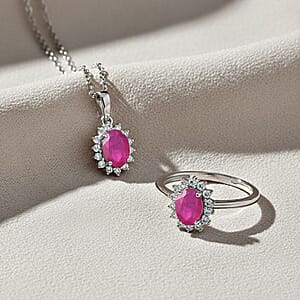 D'Joy Niassa Ruby (FF)&nbsp;and White Zircon 3.20 ctw Ring (Size 5.0) and Pendant Necklace 20 Inches in Rhodium Over Sterling Silver