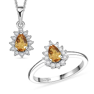 D'Joy Brazilian Citrine, White Zircon 1.30 ctw Ring (Size 5.0) and Pendant Necklace 20 Inches in Rhodium Over Sterling Silver